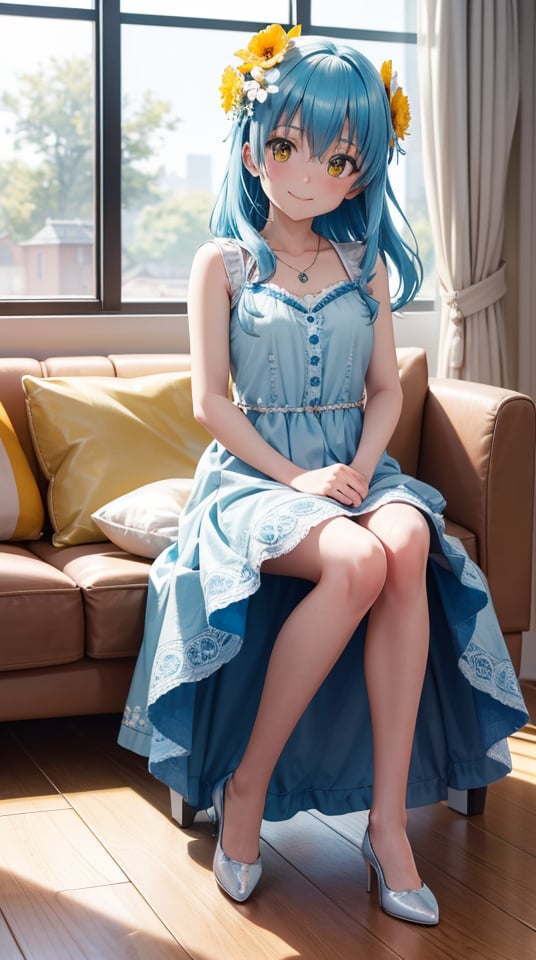 (masterpiece, best quality), ray tracing, absurdres, HDR, rimuruparty, rimuru tempest, 1girl,  light blue hair, yellow eyes,medium breasts,,long hair, flower, hair ornament, hair flower, smile,closed mouth, ,bare legs, , looking at viewer, bangs, dress, solo, hair between eyes,full body, ,,  indoors,living room,blush ,, <lora:rimuruparty_v2:0.7>