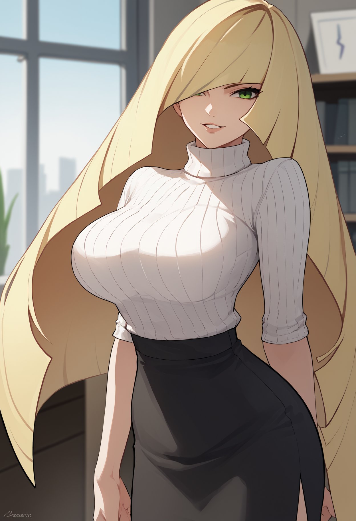 score_9, score_8_up, score_7_up, source_anime BREAK 1girl, solo, <lora:lusamine-pokemon-richy-v1_pdxl:1> lsmnrnd, green eyes, blonde hair, very long hair, hair over one eye, bangs, breasts, turtleneck sweater, white sweater, ribbed sweater, parted lips, smirk, looking at viewer, narrow waist, high-waist skirt, black skirt, indoors, office