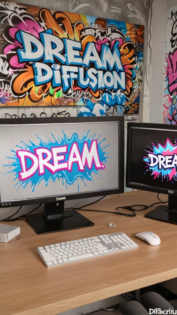 a Photo of a desktop computer on a work desk. On the left computer screen it says 'dream diffusion'.  On the right computer screen it says 'dice'.On the wall in the background we see beautiful graffiti with the text 'stable diffusion 3' very large on the wall.<lora:LegsBehindHead:1>