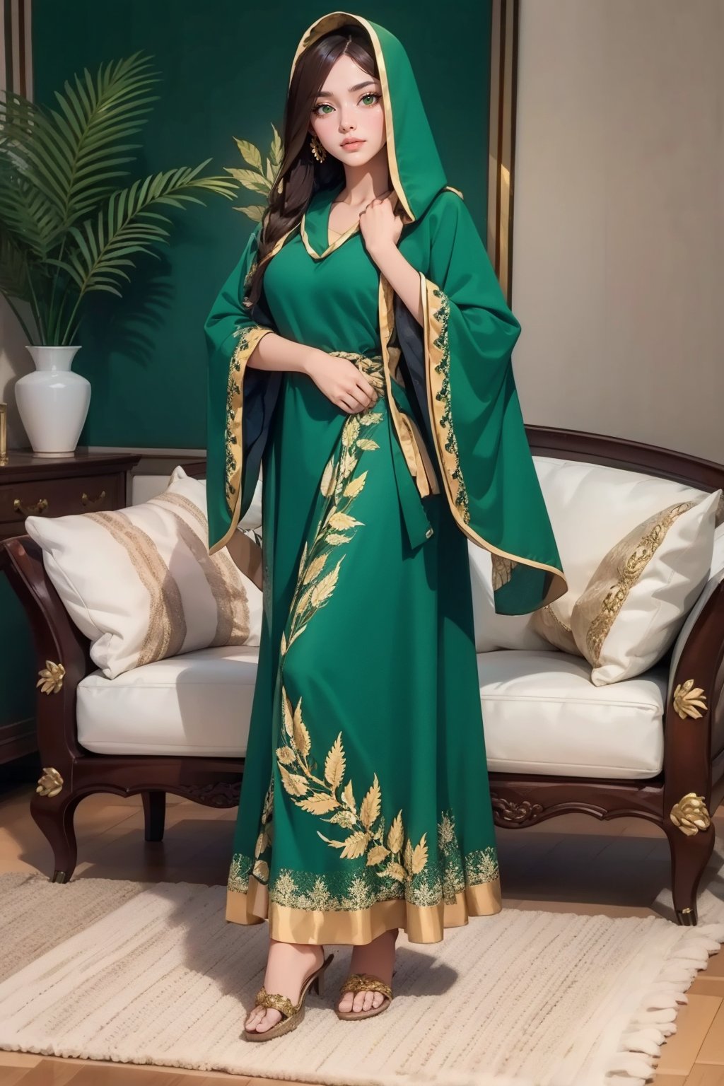 masterpiece, best quality, <lora:age_slider_v20:1>  <lora:detail_slider_v4:2> 1girl, BurqaDr3ss, long sleeves dress, full body, hood, wide sleeves, hood up, green dress, <lora:BurqaDr3ss:0.7> 