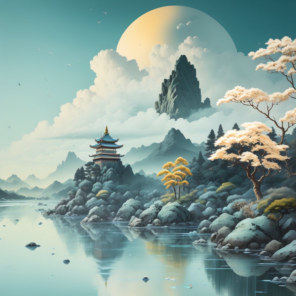 (best quality), (masterpiece), (ultra-detailed), illustration, 8k wallpaper, best illustration, (extremely detailed CG unity 8k wallpaper), huge filesize,tree, no humans, outdoors, scenery, architecture, east asian architecture, cloud, water, bird, day, sky, torii, waterfall, fish, leaf, moon, reflection, nature, mountain, building, blue sky, rock<lora:landscape-000020:0.9>