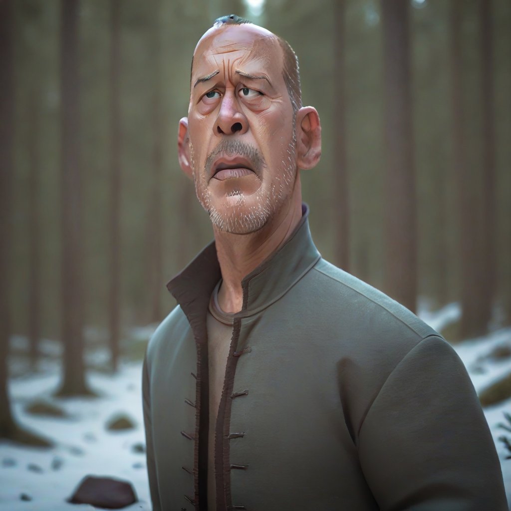 Bruce Willis, standing in Taiga, macro, micro, depth of field, cinematic,  color grading <lora:RealisticCartoon_0.2:1> 