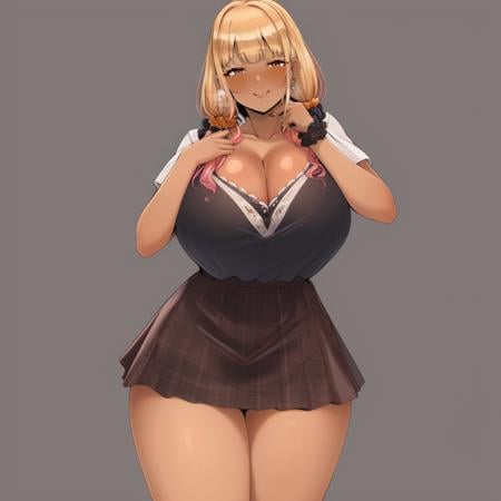 (masterpiece, best quality:1.3), Slush, 1girl, solo, looking at viewer, blushing, wide hips, mature female, closed mouth, seductive smile, large breasts, full body, cowboy shot, thick thighs, sugisakiemma, blonde hair, long hair, bangs, twintails, pink hair, brown eyes, cleavage, dark skin, earrings, gyaru, school uniform, wrist scrunchie, skirt  <lora:SugisakiEmma:.8>  <lora:Slush Style Lora:.85>