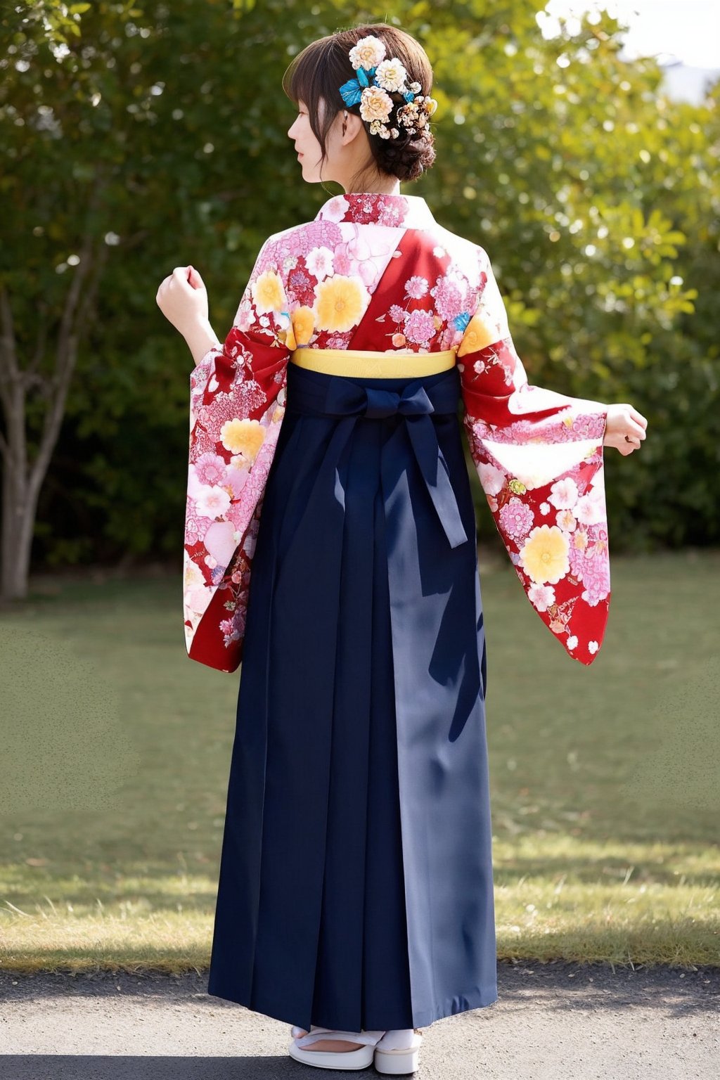 hakama skirt, 1girl, solo, full body, from behind, outdoor, cute japanese model girl, floral print, hair ornament, kimono, hakama, bangs, masterpiece, best quality, realistic