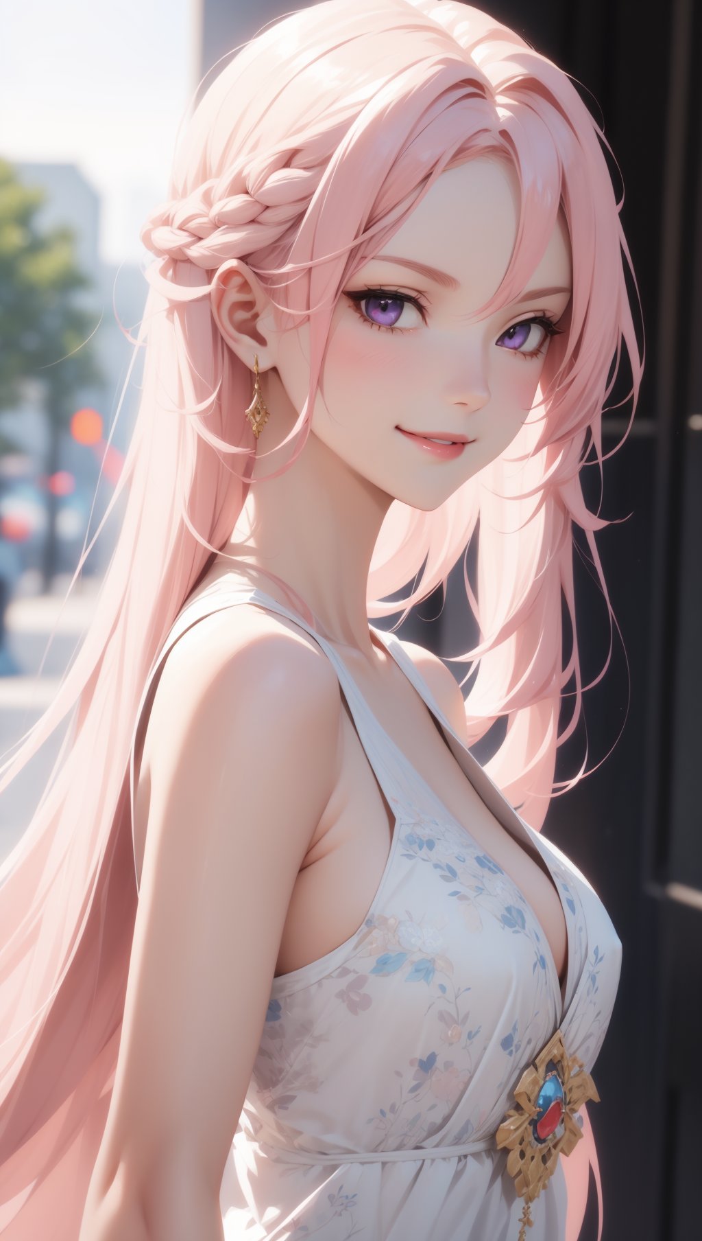 intricate details, thin, ((slim)), beautiful girl, Light pink hair, white skin, light purple eyes, sharp jawline, upper body, smirk, suburban scenery