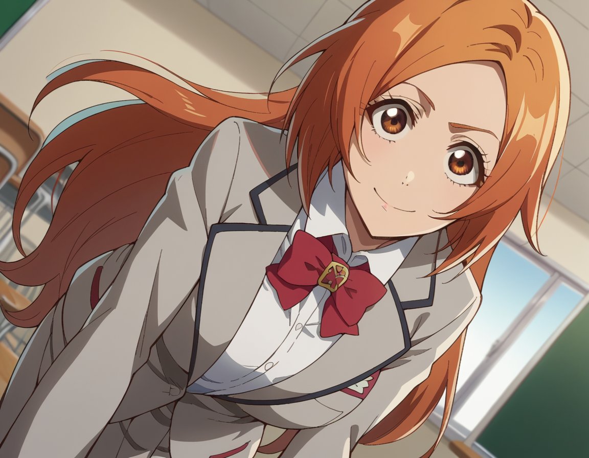 score_9, score_8_up, score_7_up, source_anime,inoueorihime, <lora:inoue-orihime-tybw-ponyxl-lora-nochekaiser:1>,inoue orihime, long hair, orange hair, brown eyes,school uniform, blazer, grey blazer, shirt, white shirt, collared shirt, bowtie, red bowtie,indoors, classroom, bent over, smile,looking at viewer, cowboy shot, dutch angle, solo,