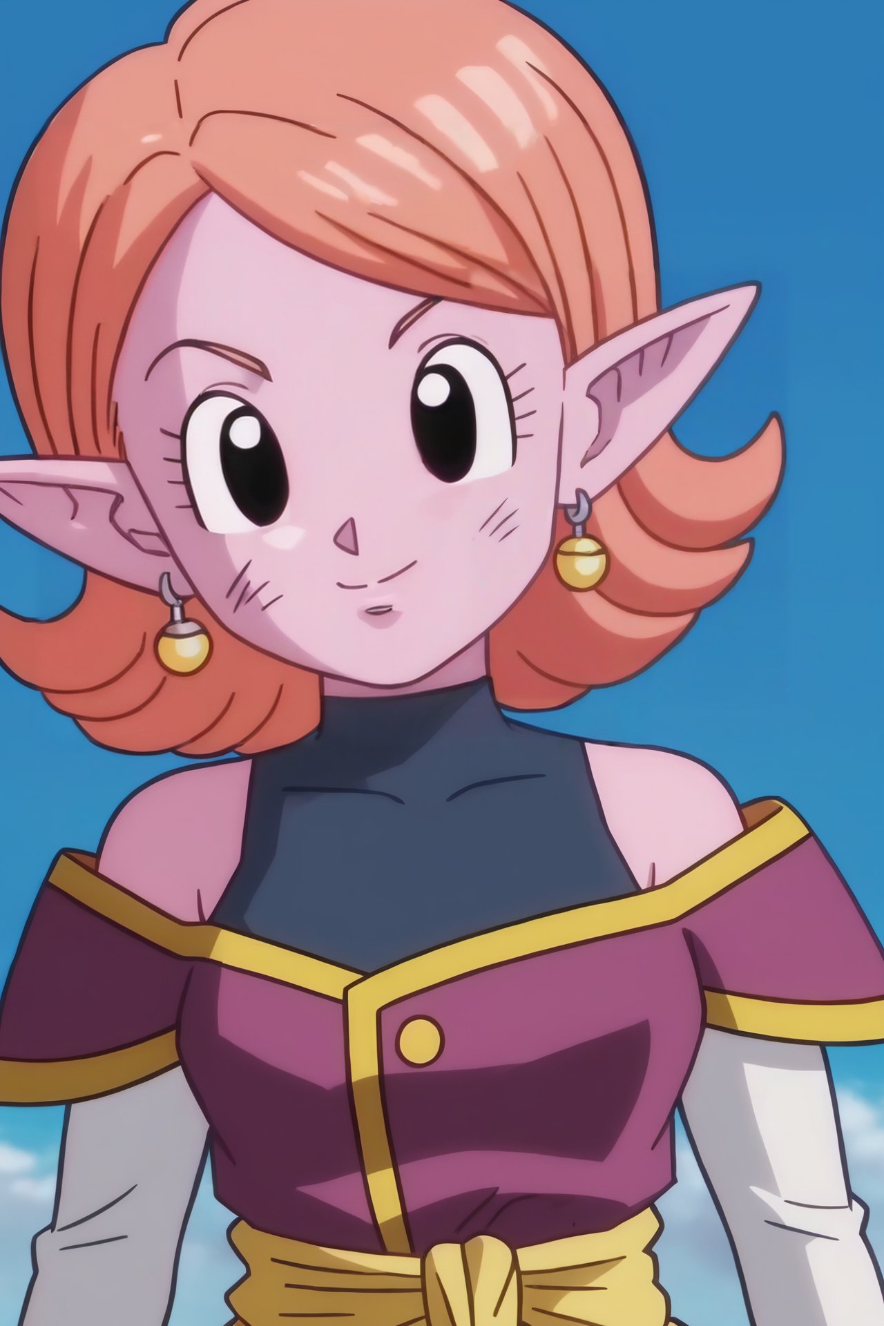 source_anime, score_9, score_8_up, score_7_up, anime screencap,8k, absurdres, chronoa, 1girl, solo, looking at viewer, smile, short hair, bare shoulders, potara earrings, closed mouth, upper body, orange hair, pointy ears, black eyes, blue sky, colored skin, purple skin, collarbone, dirty face, small breasts, arms by side, eyelashes, detached sleeves, kai tunic, official style, purple tunic, sleeveless turtleneck leotard, white sleeves, yellow sash, off shoulder,  <lora:chronoa_pony_v2:0.8>