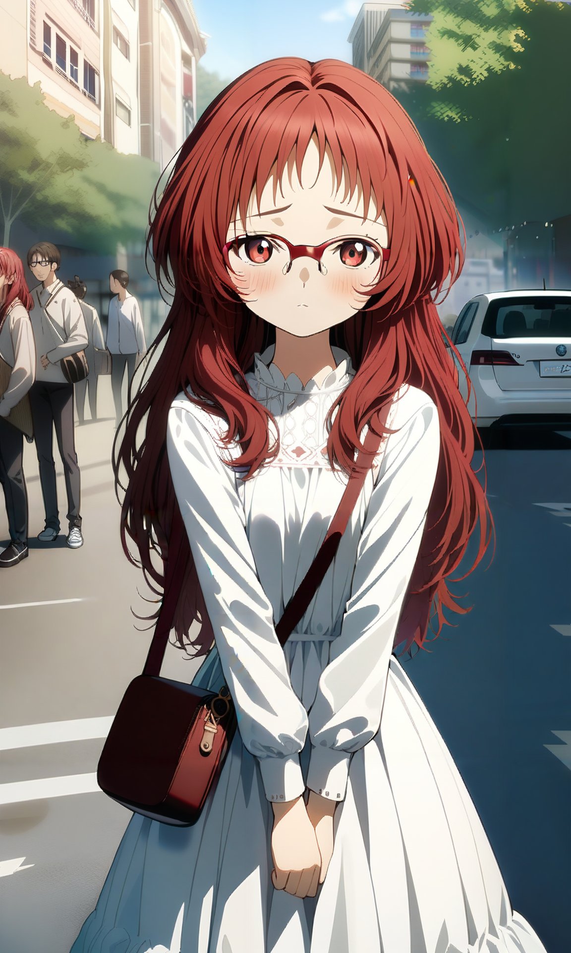 (masterpiece), (best quality), highres, general, (intricate details, very aesthetic), good hands, 1girl,  <lora:ai_mie_AnimagineV1:1>, miewz, red eyes, glasses, red hair, long hair, white dress, puffy dress, v arms, blush, nervous, street, car, people, nature, day, looking at viewer, shoulder bag, <lora:sd_xl_dpo_lora_v1:1>