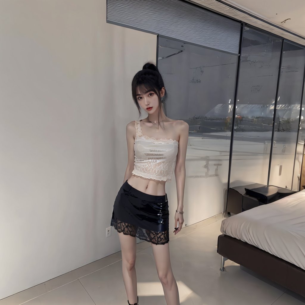 1girl,shiny_skin,black hair,high ponytail,bare shoulders,chest,navel,long legs,taut_shirt,lace-trimmed_skirt,standing,arms behind back,<lora:kuku（0.86）:0.8>,