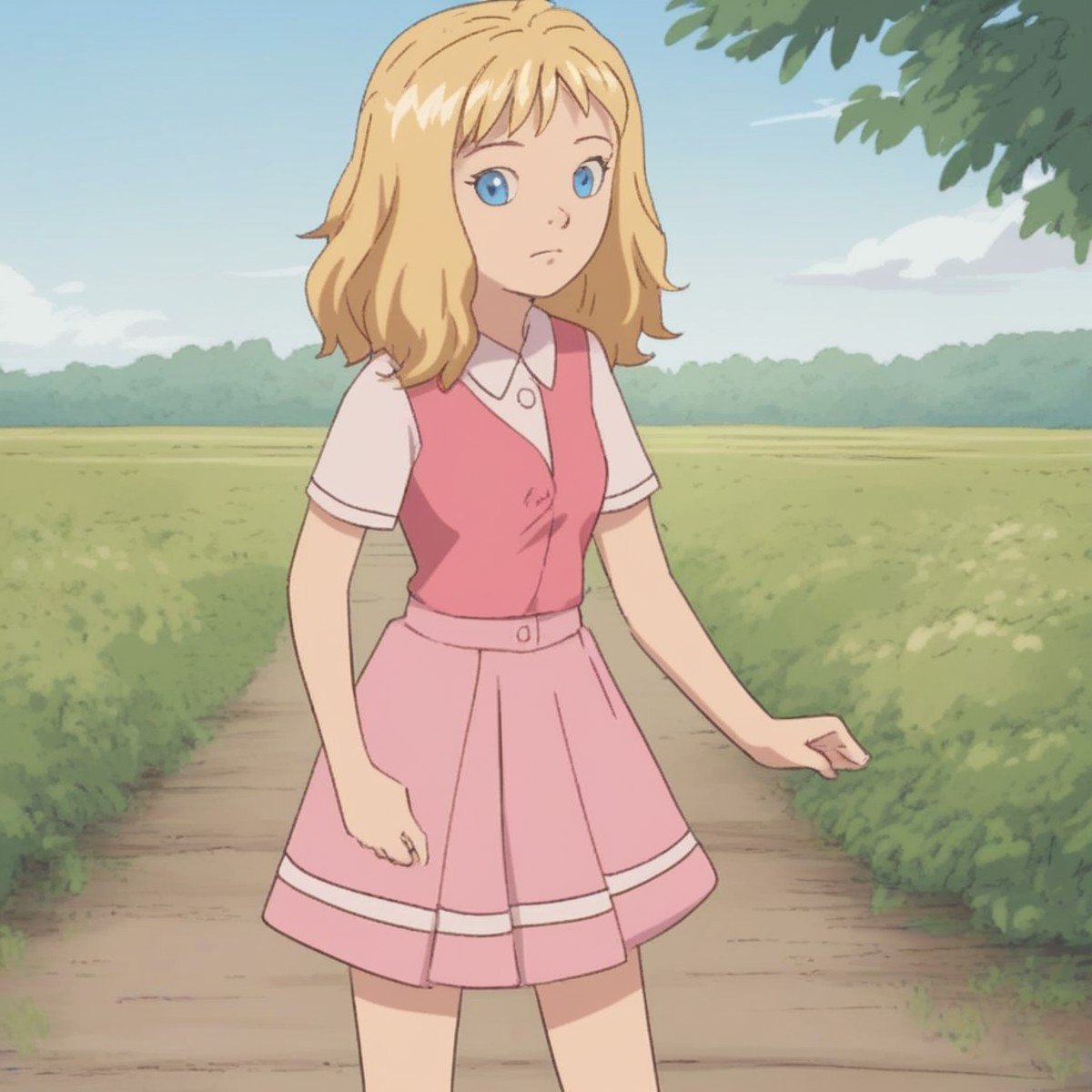 score_9, solo, helen, blonde hair, blue eyes, skirt, outdoors, standing, outdoors