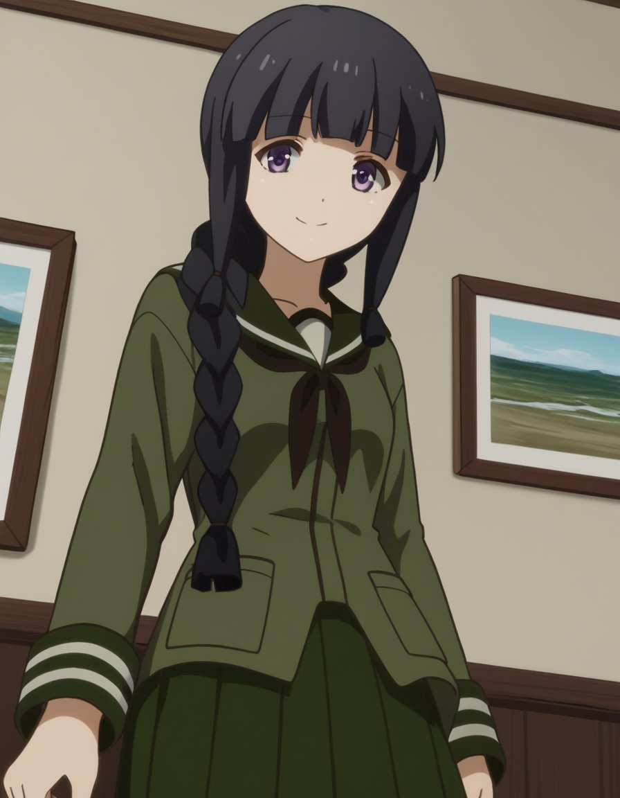 score_9, score_8_up, score_7_up, source_anime, <lora:kancolle-kitakami-s1-ponyxl-lora-nochekaiser:1>, kitakami, long hair, bangs, black hair, purple eyes, braid, blunt bangs, single braid, hair over shoulder, kitakami (kancolle), skirt, school uniform, serafuku, green skirt, pleated skirt, green shirt, green sailor collar, museum, art exhibit, paintings, observing, quiet contemplation, cultural experience, smile, looking at viewer, smile, from below, solo,, cowboy shot, dutch angle