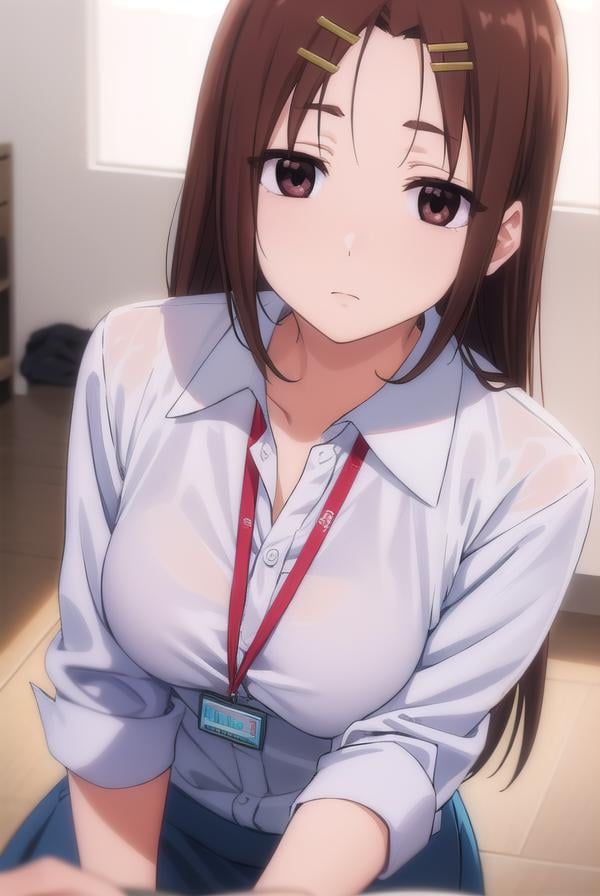 megumichihaya, <lora:megumi chihaya s1-lora-nochekaiser:1>,megumi chihaya, long hair, brown hair, hair ornament, (brown eyes:1.5), hairclip,BREAK skirt, shirt, white shirt, blue skirt, office lady, id card, lanyard,BREAK indoors, office,BREAK looking at viewer, (cowboy shot:1.5),BREAK <lyco:GoodHands-beta2:1>, (masterpiece:1.2), best quality, high resolution, unity 8k wallpaper, (illustration:0.8), (beautiful detailed eyes:1.6), extremely detailed face, perfect lighting, extremely detailed CG, (perfect hands, perfect anatomy),