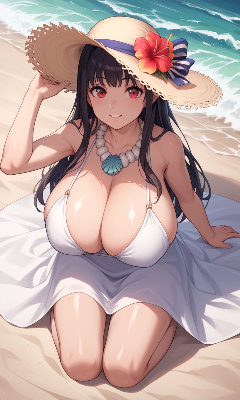 score_9, score_8_up, score_7_up, score_6_up, score_5_up, score_4_up, source_anime, BREAK, detailed face and eyes,shiny skin,1lady,solo, face focus, BREAK, white flowy maxi dress,wide-brimmed hat,shell necklace,BREAK,loose beach waves,natural,BREAK,relaxed,carefree,free-spirited,BREAK,beach,resort,outdoor festival,red eyes,huge breasts, kneeling, from above