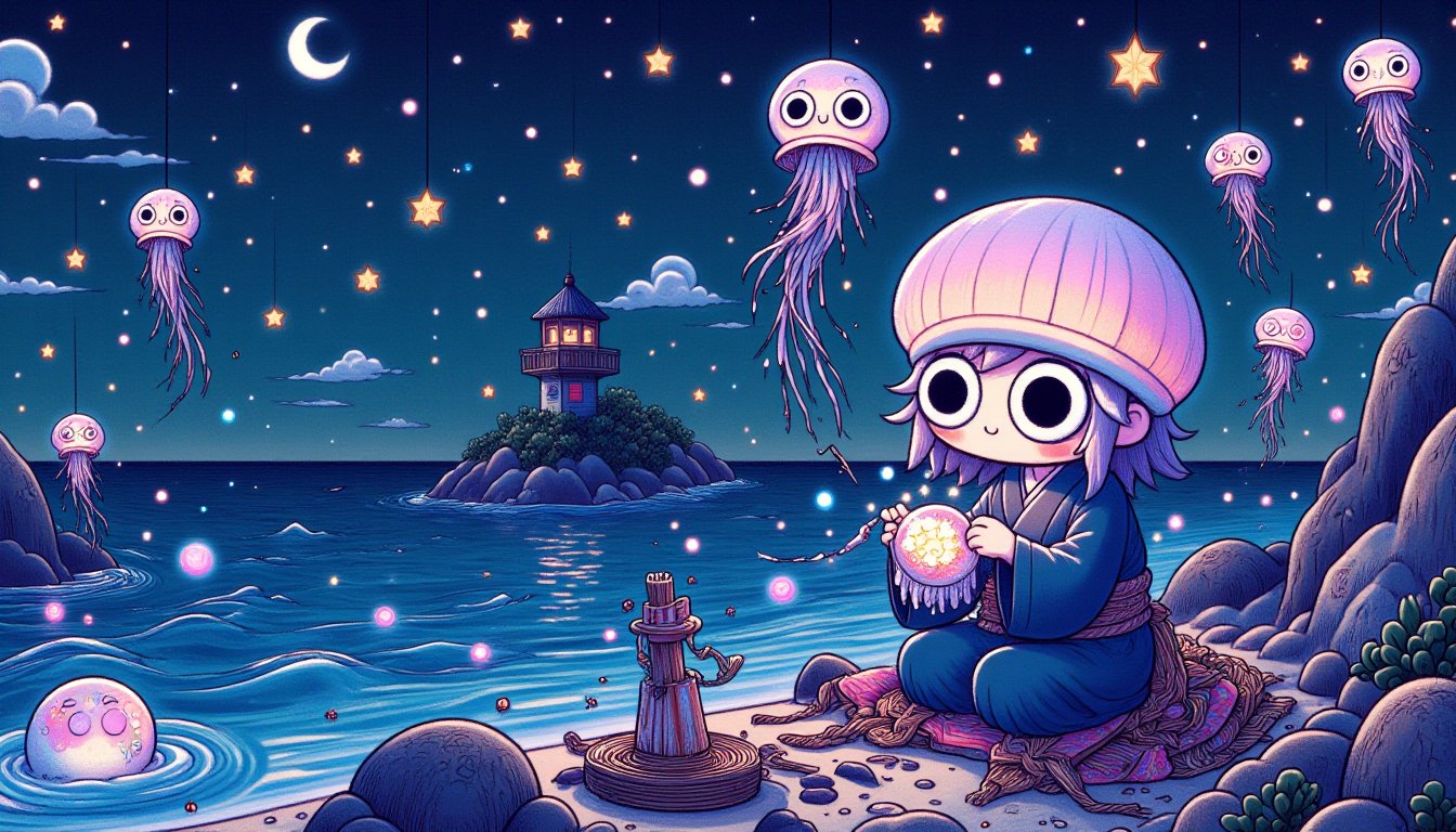 Luminous jellyfish lantern maker sits cross-legged on a glowing bioluminescent beach, weaving iridescent strands into delicate, ethereal orbs that gently float upwards, releasing shimmering, pearlescent hues into the night sky.