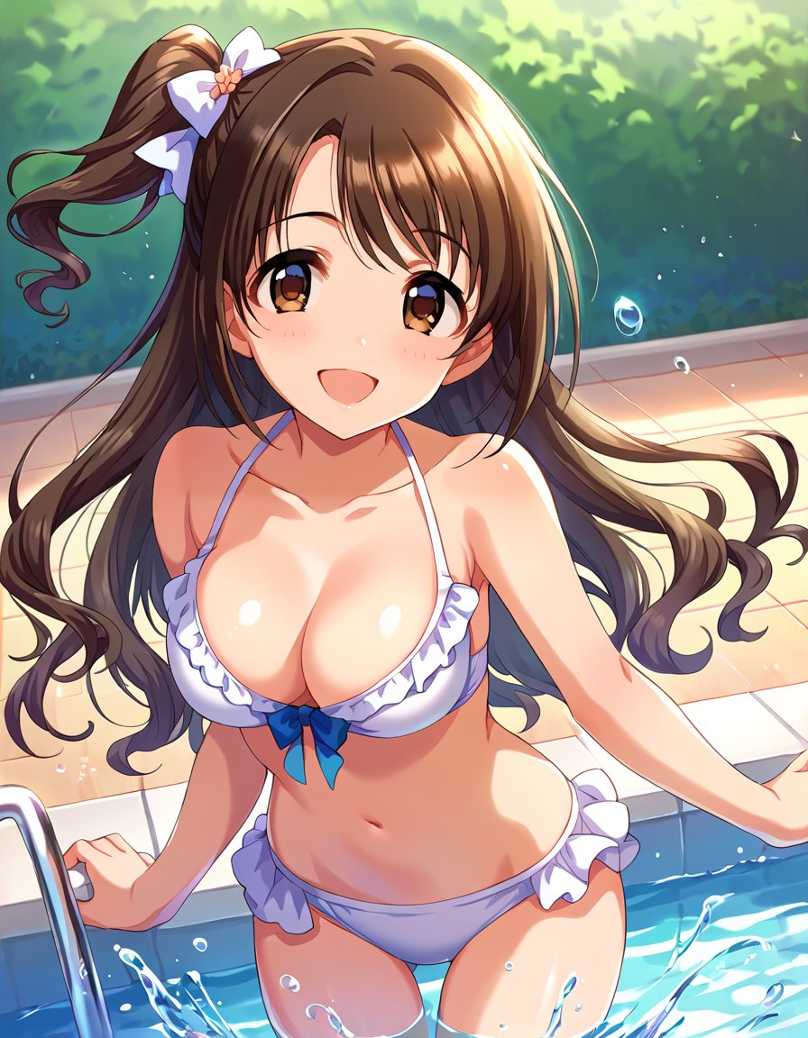 score_9, score_8_up, score_7_up, source_anime,rating_sensitive, sexually suggestive,1girl, solo, smile, joyful, bouncing breasts, outdoors, pool, sunbeam, partially submerged, splash, <lora:ShimamuraUzuki_pony_v1:0.9> smmruzk, long hair, brown hair, wavy hair,  one side up,  hair bow, brown eyes, medium breasts, bikini, frills, lace trim, thighs, detailed eyes, eye reflection, 