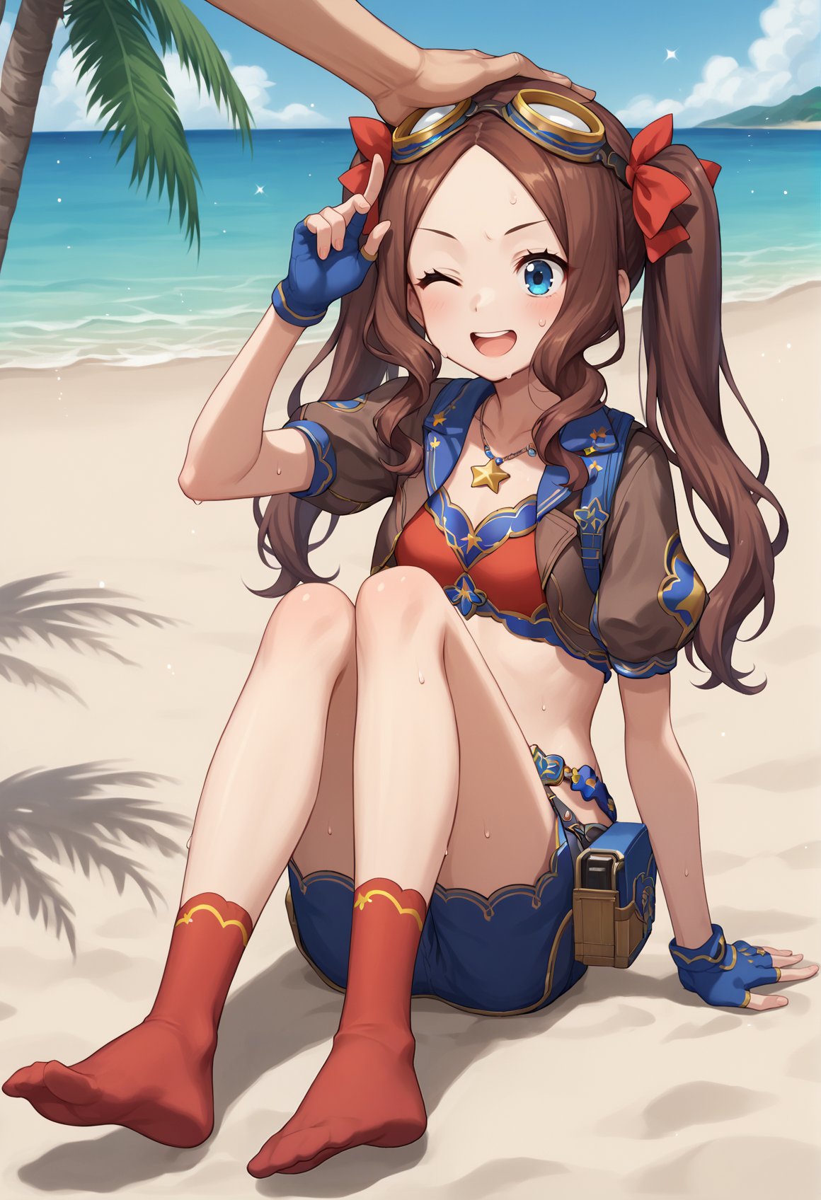 1girl, blue eyes, long hair, brown hair, sidelocks, forehead, twintails, red hair ribbon, star \(symbol\), necklace, Goggles On Head, bra, cropped jacket, puffy sleeves, short sleeves, blue shorts, belt, fingerless gloves, sweat, outdoors, beach, palm tree, wink, sitting, full body, red socks, holding gun, hand on head<lora:Vinci_XL:1>, score_9, score_8_up, score_7_up, score_6_up, score_5_up, score_4_up, BREAK source_anime, masterpiece