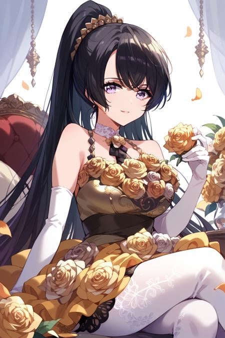 score_9, score_8_up, score_7_up, score_6_up, 1girl, <lora:Himegami_Shano:0.9> himegami, gloves, dress, elbow gloves, white gloves, flower, long hair, solo, black hair, purple eyes, sitting, yellow rose, petals, rose, ponytail, bday