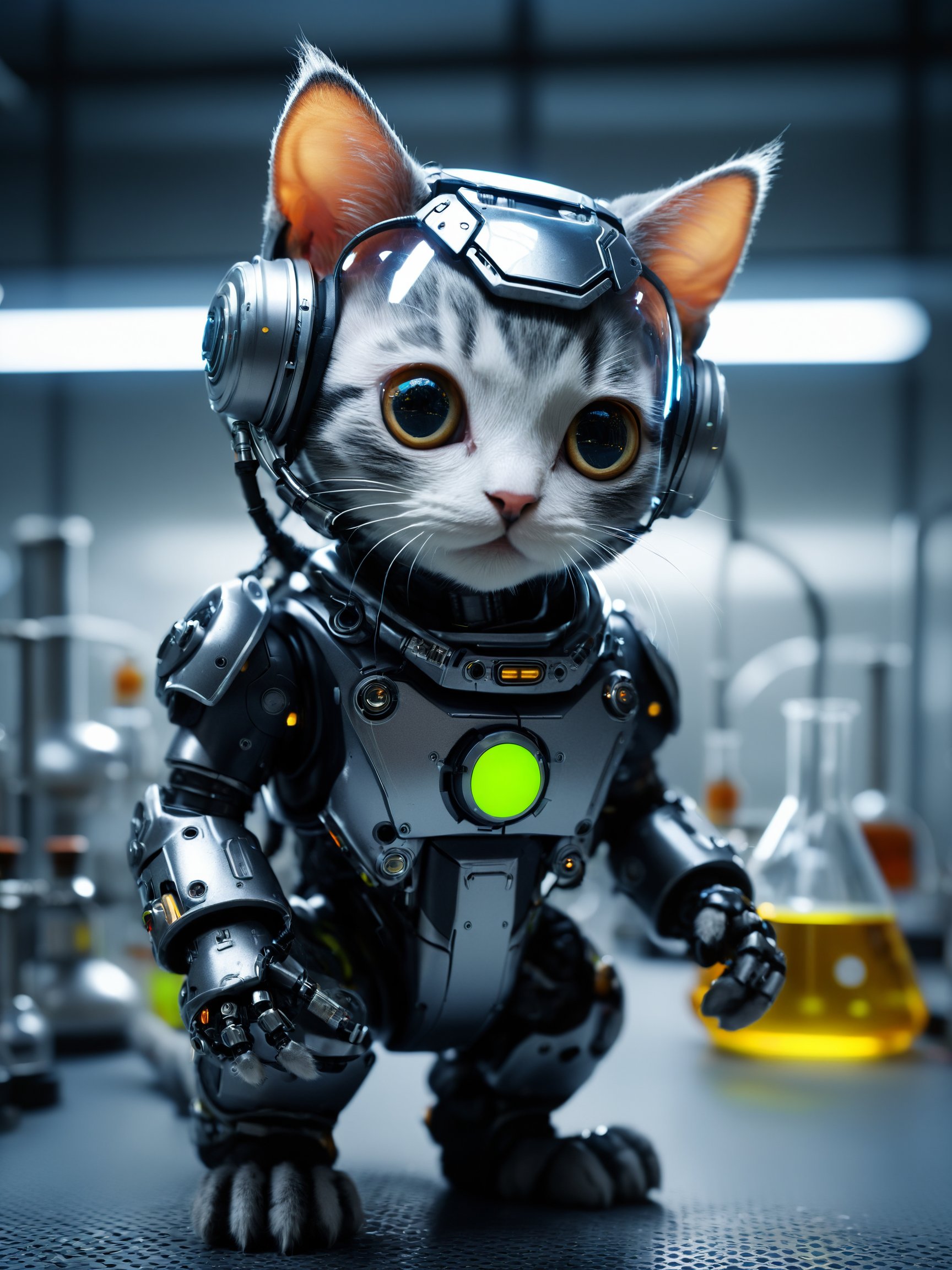 best quality, masterpiece,Cyberpunk, sci-fi, dark-fantasy, portrait photo of a cute kitty cyborg robot in a chemical laboratory, volumetric lighting, highly detailed,professional photo, high contrast exposure, soft bokeh, simple background,