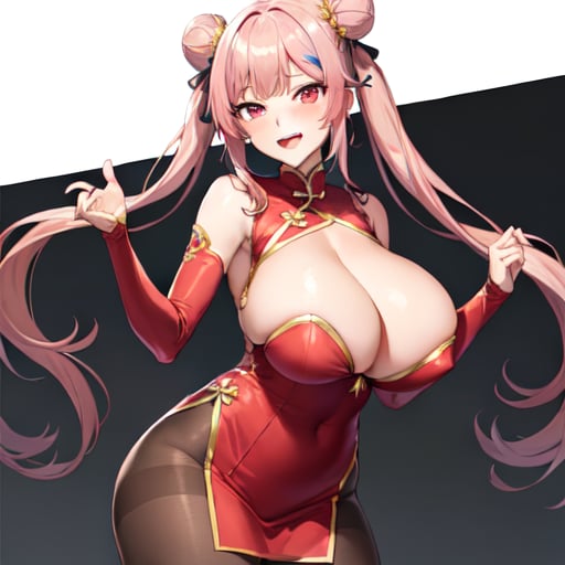 1girl, solo, original, chinese clothes, red dress, brown bodysuit, brown pantyhose, cleavage, cleavage cutout, bare shoulders, detached sleeves, red eyes, pink eyes, streaked hair, long hair, twintails, cone hair bun, huge breasts, curvy, thick thighs, bouncing breasts, seductive smile, naughty face, lewd, sexy, hot, glamorous, blunt bangs, standing, cleft of venus, white background, simple background, anime screencap, anime coloring, key visual, studio anime, standing, 