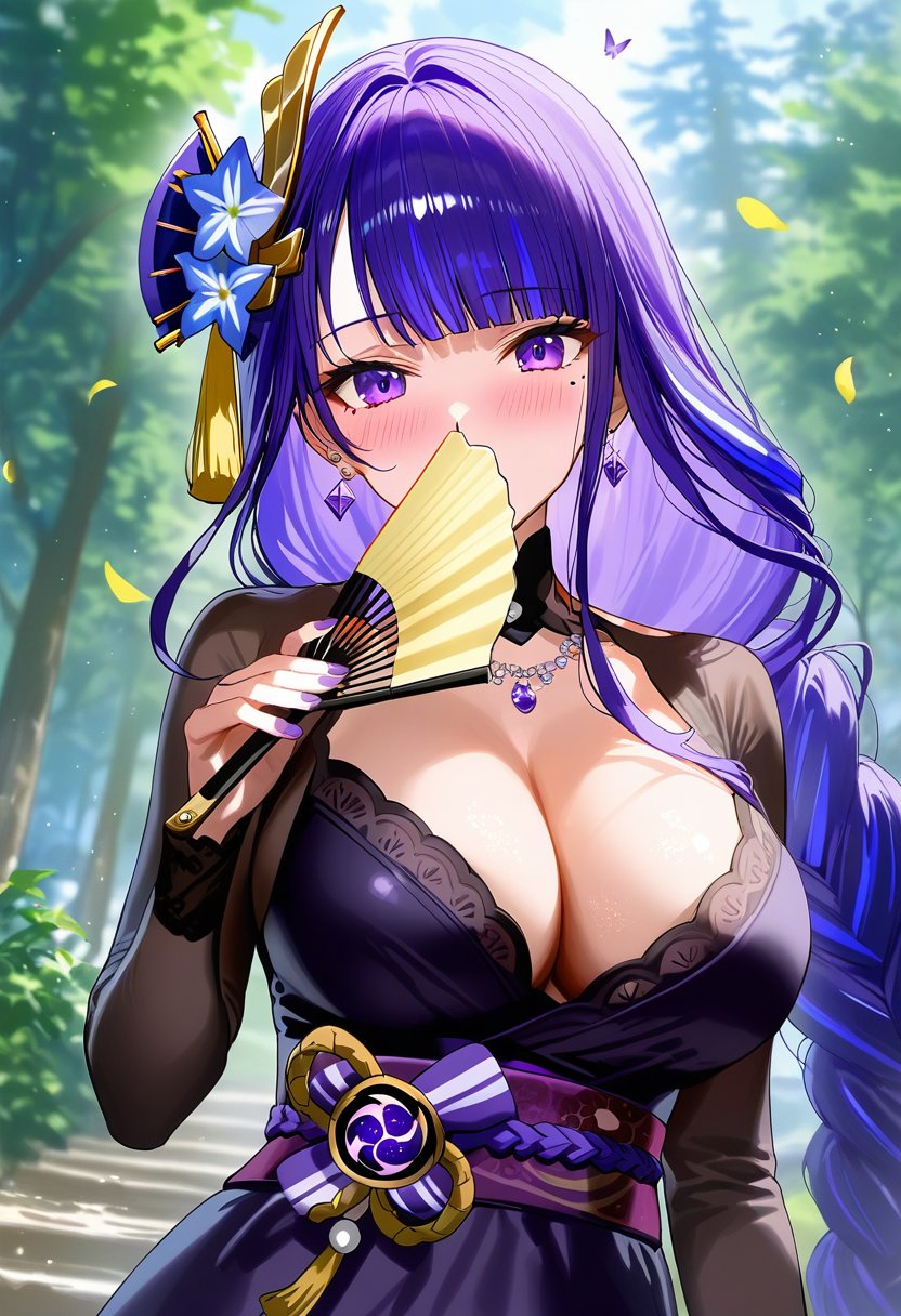 score_9, score_8_up, score_7_up, score_6_up, source_anime,<lora:GEN 0.2v:1>, GEN,1girl, raiden shogun, hair ornament, solo, mole under eye, breasts, purple eyes, flower, purple hair, hand fan, hair flower, jewelry, mole, long hair, earrings, holding, looking at viewer, purple nails, upper body, cleavage, bangs, holding fan, large breasts, petals, nail polish, butterfly, purple flower, folding fan, blurry, necklace, braid, covering mouth, dress, blurry background, falling petals, blush, blunt bangs, alternate costume, black dress, trees, outdoors, wind, light particles,