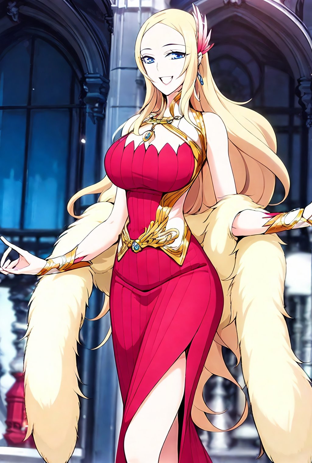 HDR,UHD,best quality,Highly detailed,masterpiece,Professional,<lora:yafei(meinahentai_v4):1>,yafei,1girl,blonde hair,long hair,dress,solo,jewelry,smile,hair ornament,open mouth,breasts,red dress,earrings,day,bare shoulders,large breasts,bracelet,