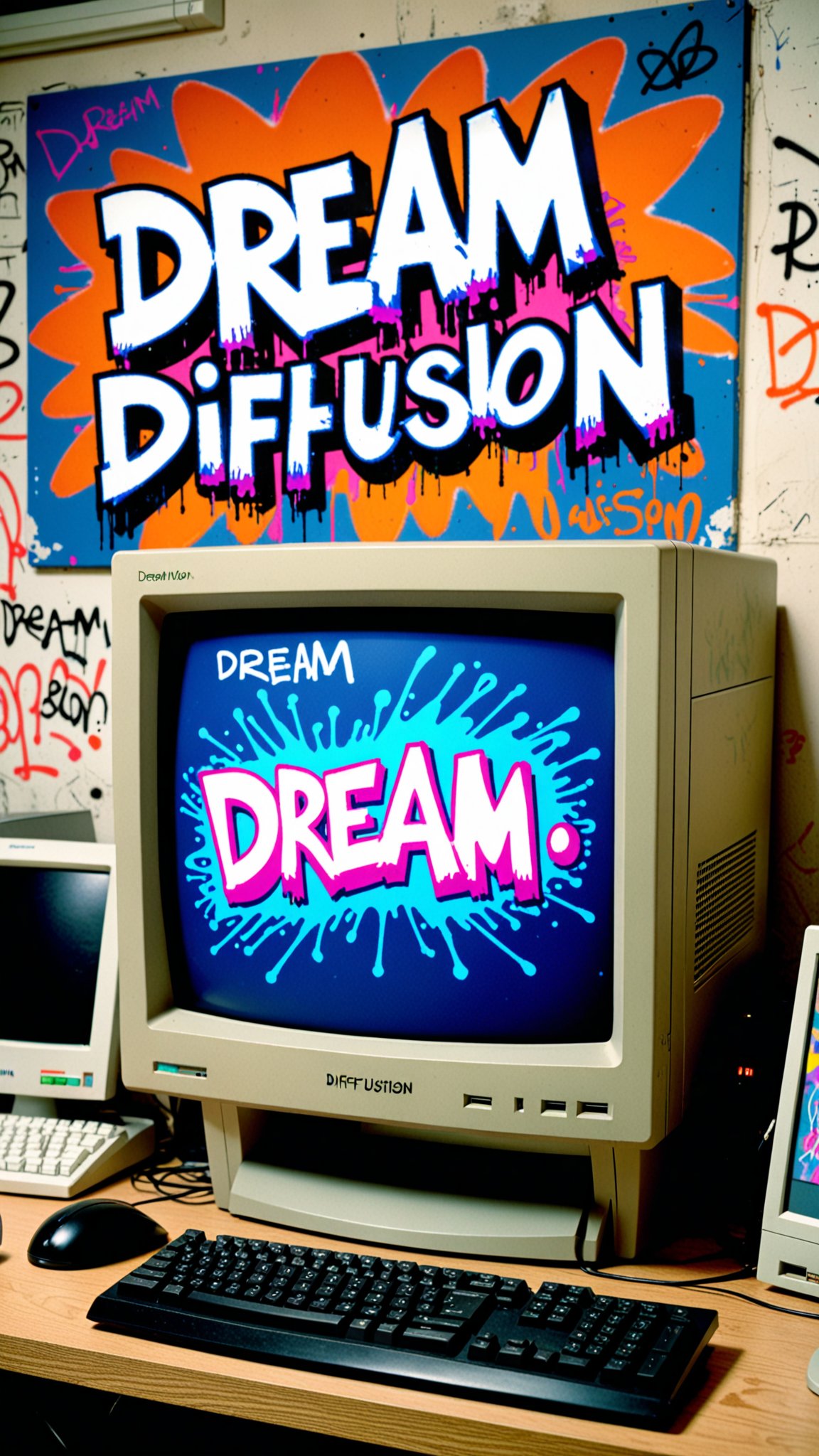 “Photo of a 90's desktop computer on a work desk. On the computer screen it says ‘Dream Diffusion.’ On the wall in the background we see beautiful graffiti with the text ‘Dream Diffusion’ very large on the wall.”