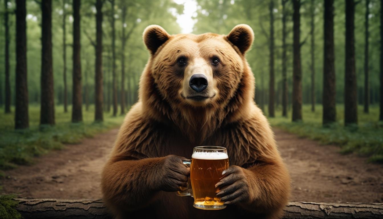 cinematic photo a bear drinking a beer  in a forest  <lora:Happy_World:0.8>, 35mm photograph, film, bokeh,  professional, 4k, highly detailed