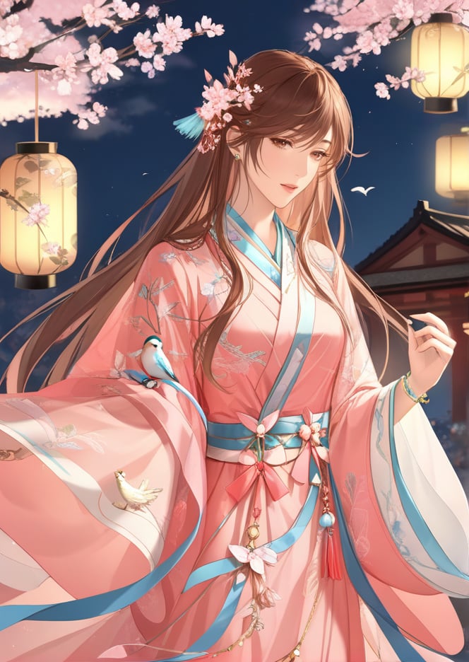 (best quality), ((masterpiece)), (highres), illustration, original, extremely detailed,  <lora:古风·鸢行风上:0.7>1girl, lantern, dress, long hair, brown hair, bird, solo, pink dress, hair ornament, cherry blossoms, paper lantern, tree, bracelet, upper body, branch