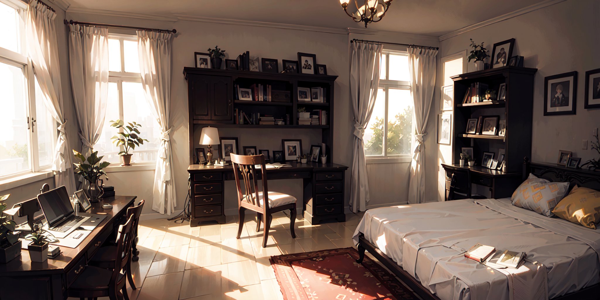 (bedroom),(canopy bed), window, curtains, dappled sunlight, potted plant, table, cabinet,bookshelf, paper, desk lamp