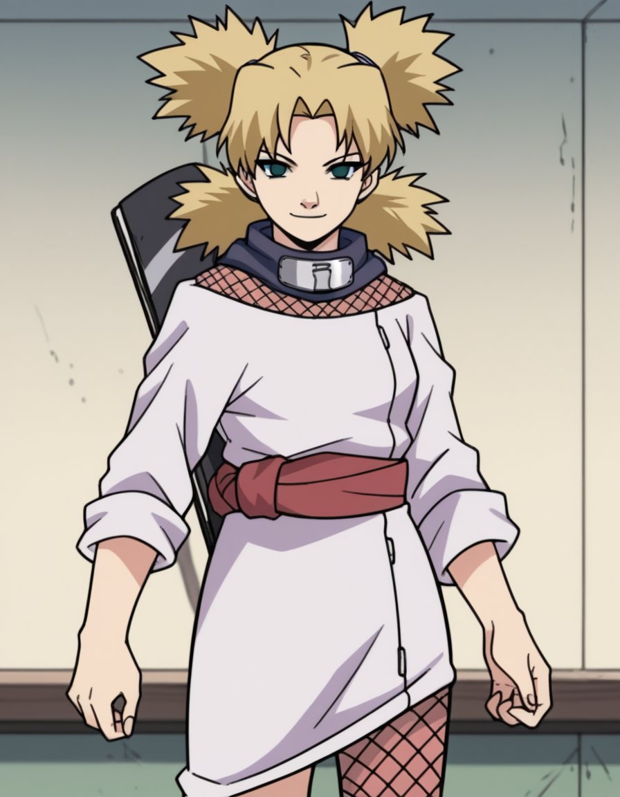 score_9, score_8_up, score_7_up, source_anime, <lora:temari-s1-ponyxl-lora-nochekaiser:1>, temari, bangs, blonde hair, quad tails, blue eyes,, long sleeves, fishnets, sleeves rolled up, forehead protector, sleeves pushed up, sleeves past elbows, sash, dress, purple dress,, indoors, smile, looking at viewer, solo,, cowboy shot, dutch angle