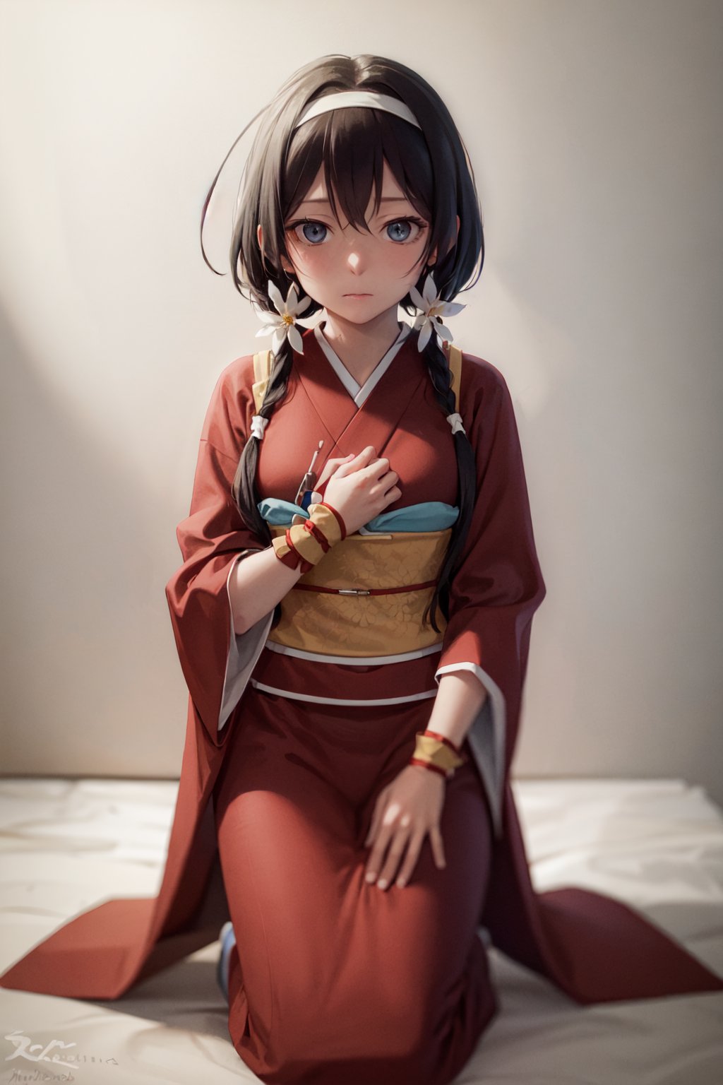 (masterpiece, best quality:1.2), <lora:bsd_kyouka-10:0.8>, solo, 1girl, izumi kyouka, expressionless, kneeling, long hair, low twintails, hair flower, hair ornament, japanese clothes, red kimono