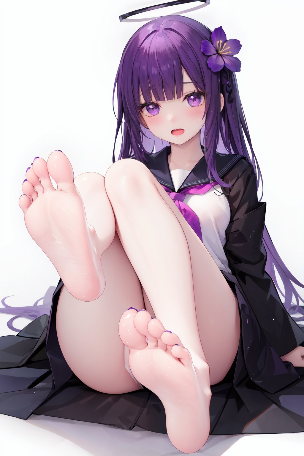 1girl,foot focus,feet,soles,toes,barefoot,halo,foreshortening,toenails,sweatdrop,hair ornament,long hair,toenail polish,hair flower,nail polish,solo,purple eyes,legs,purple hair,bare legs,flower,bangs,japanese clothes,looking at viewer,neckerchief,simple background,sitting,school uniform,sailor collar,grey background,kimono,open mouth,serafuku,blush,parted bangs,black nails,