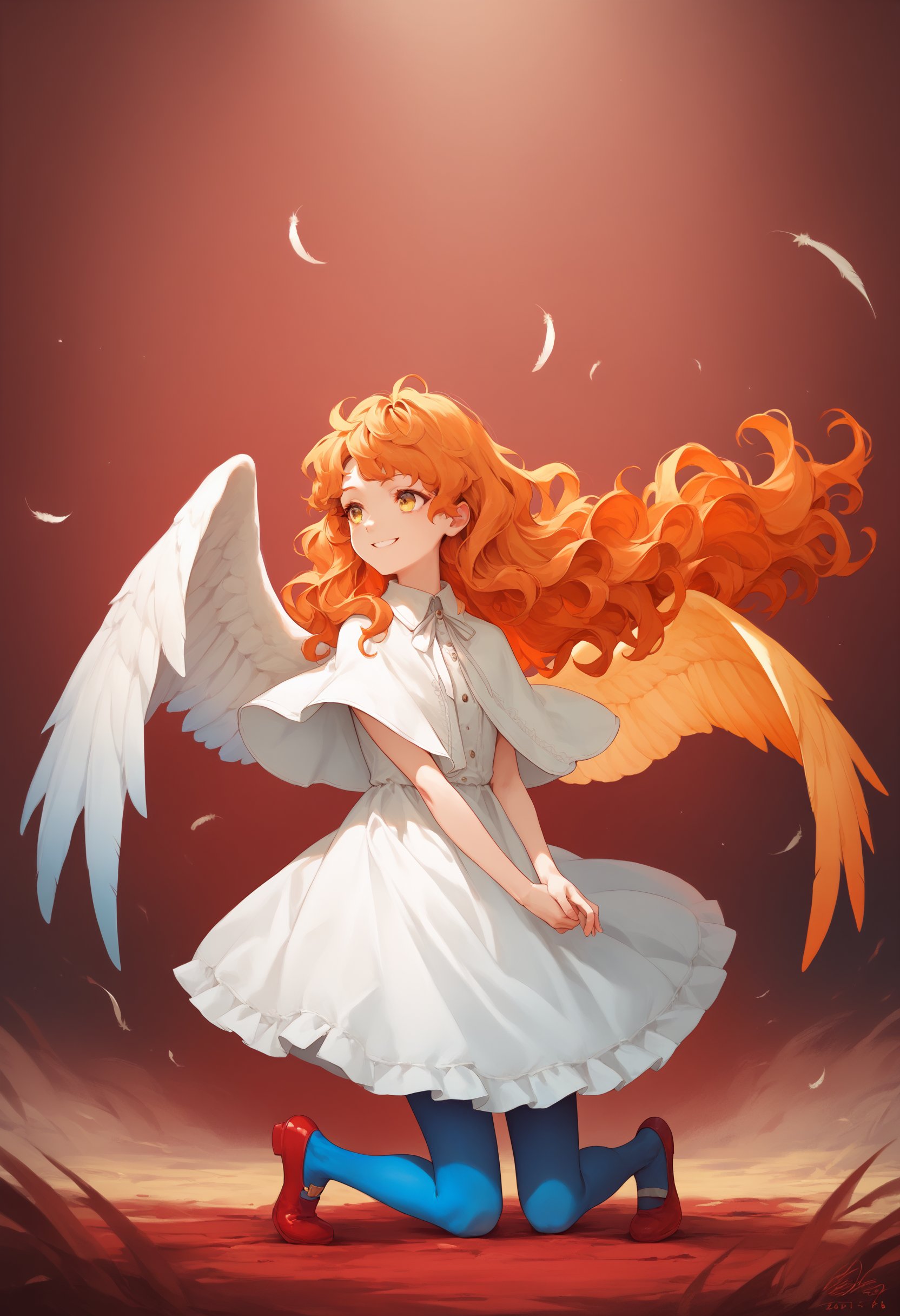 score_9, score_8_up, BREAK1girl, wide shot, dress, white wings, wavy hair, petting, white capelet, red theme, kneeling, smile, shoes, capelet, winged animal, white feathers, feathers, long hair, white dress, yellow eyes, tiptoes, wings, light brown hair, blue pantyhose, orange hair, red footwear, pantyhose, gradient wings