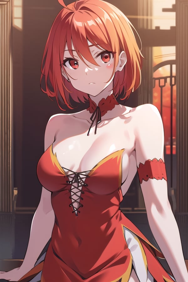 amagisalama, <lyco:amagisalama-LYCORIStest:1>,salama, orange hair, (red eyes:1.5), short hair, ahoge, (small breast:1.2),BREAK bare shoulders, choker, dress, multicolored clothes, multicolored dress, orange dress, red choker, red dress,BREAK looking at viewer,BREAK outdoors, city,BREAK <lora:GoodHands-vanilla:1>, (masterpiece:1.2), best quality, high resolution, unity 8k wallpaper, (illustration:0.8), (beautiful detailed eyes:1.6), extremely detailed face, perfect lighting, extremely detailed CG, (perfect hands, perfect anatomy),