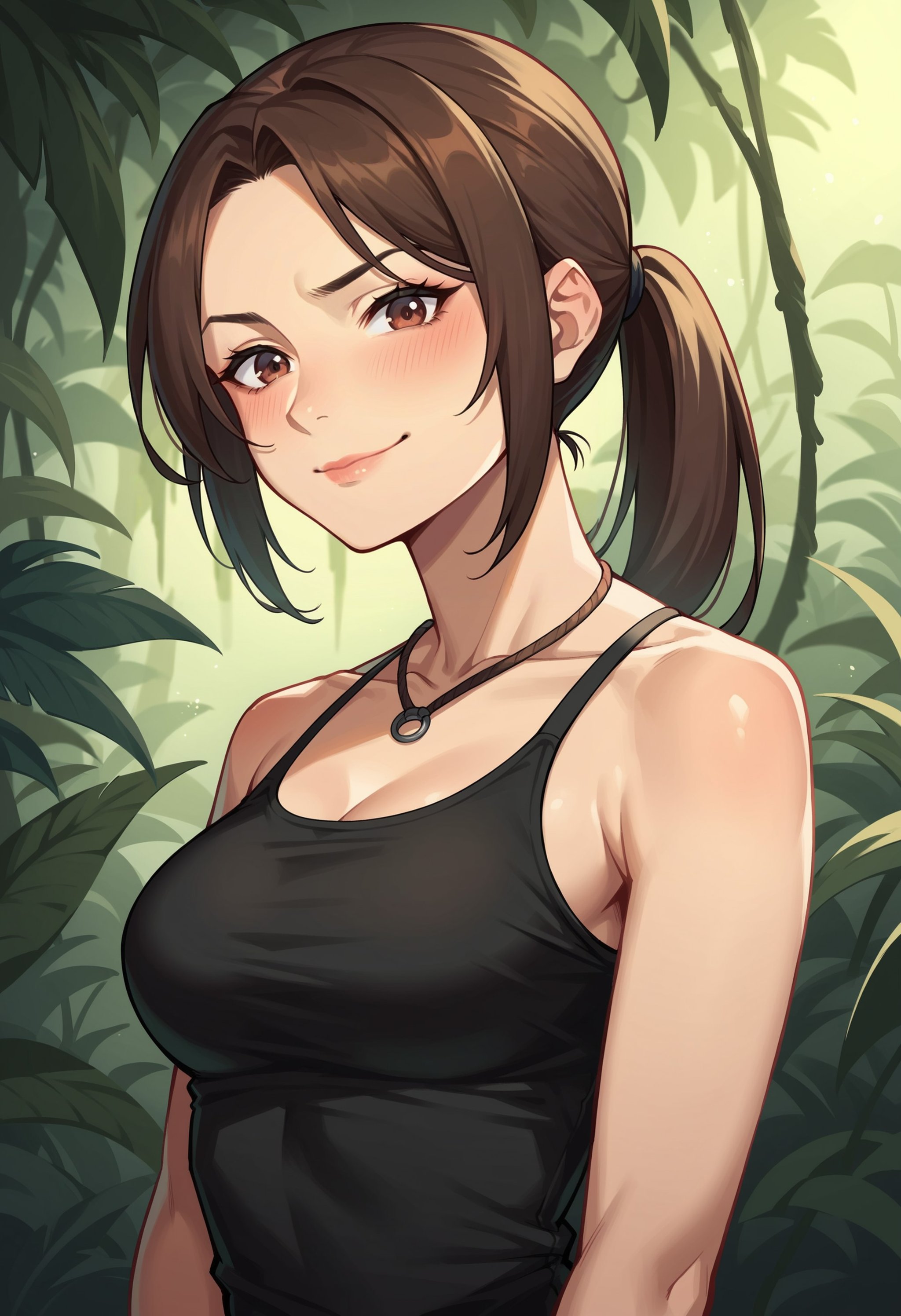 score_9, score_8_up, score_7_up, score_6_up, score_5_up, score_4_up, 1girl, <lora:LaraCroftTanktop:0.8> solo, medium breasts, brown hair, brown eyes, ponytail, lips, jewelry, necklace, black tank top, pants, bare shoulders, upper body, smirk, blush, looking at viewer,jungle background, 