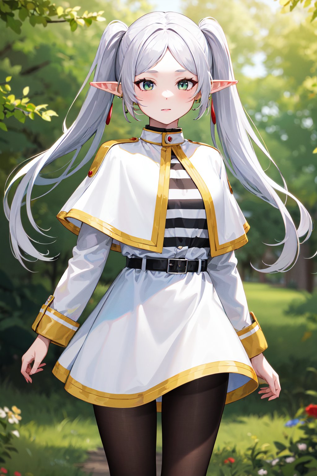 masterpiece, best quality, highres, aafrie, long hair, white hair, twintails, pointy ears, earrings, thick eyebrows, white capelet, striped shirt, long sleeves, belt, white skirt, black pantyhose , <lora:frieren_v1:0.7>, standing, cowboy shot, outdoors,