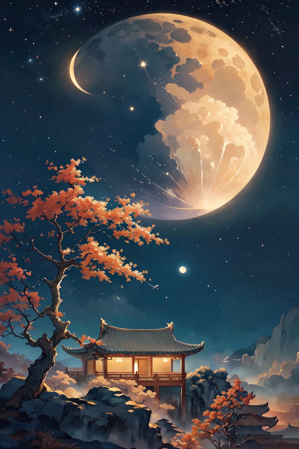 (masterpiece:1.2),best quality,PIXIV,Hanama wine, scenery, tree, sky, no humans, star \(sky\), architecture, east asian architecture, night, moon, night sky, outdoors, bird, starry sky, cloud, building, house<lora:Hanama wine V2-000018:0.8>,