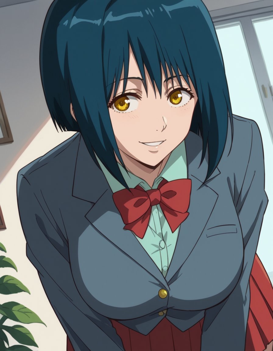 score_9, score_8_up, score_7_up, source_anime, <lora:manami-nikaido-ova-ponyxl-lora-nochekaiser:1>, manami nikaido, short hair, black hair, blue hair, yellow eyes, bob cut, large breasts,, school uniform, shirt, collared shirt, blazer, grey blazer, bowtie, red bowtie, skirt, red skirt, pleated skirt,, indoors, bent over, smile,, looking at viewer, solo, cowboy shot, dutch angle