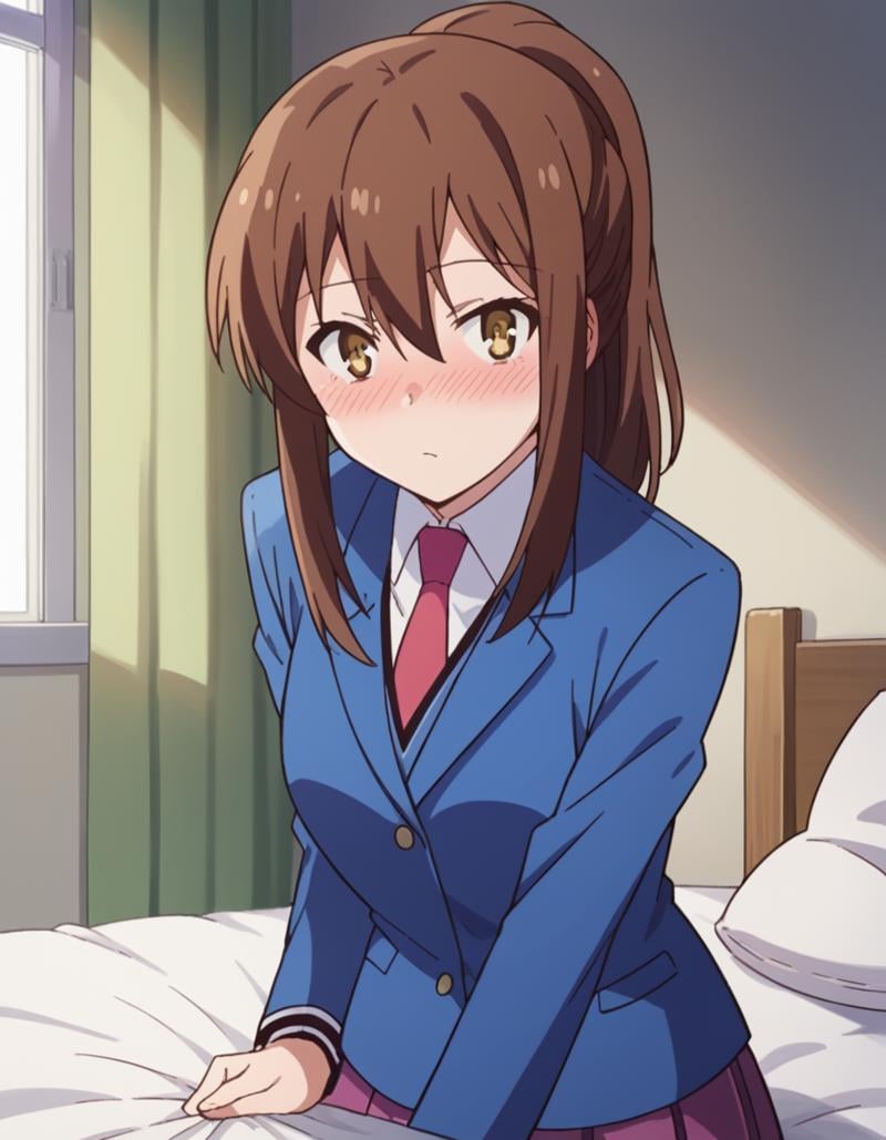 score_9, score_8_up, score_7_up, source_anime,nanamiaoyama, <lora:nanami-aoyama-s1-ponyxl-lora-nochekaiser:1>,nanami aoyama, long hair, bangs, brown hair, hair between eyes, brown eyes, ponytail, sidelocks,skirt, school uniform, jacket, pleated skirt, necktie, blazer,indoors, bed, bed room, on side, blush, drunk,looking at viewer, cowboy shot, solo, dutch angle