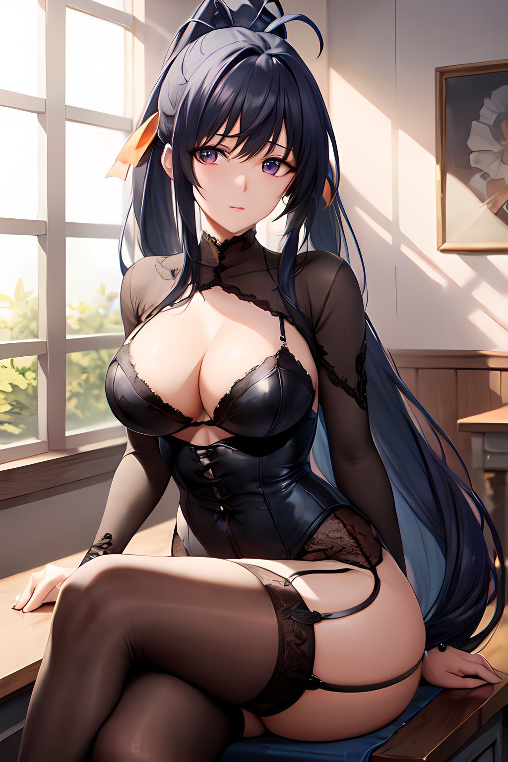 masterpiece, absurdres , (intricate details), (colorful),cinematic lighting,bust shot,extremely detailed CG unity 8k wallpaper, looking at viewer, front view, <lora:akenoHSDXD-054:1> akenohimejima, very long hair, ponytail, yellow ribbon, black corset, lingerie, garter straps, thighhighs, wine, looking at viewer, caustics, sitting, crossed legs, desk, window