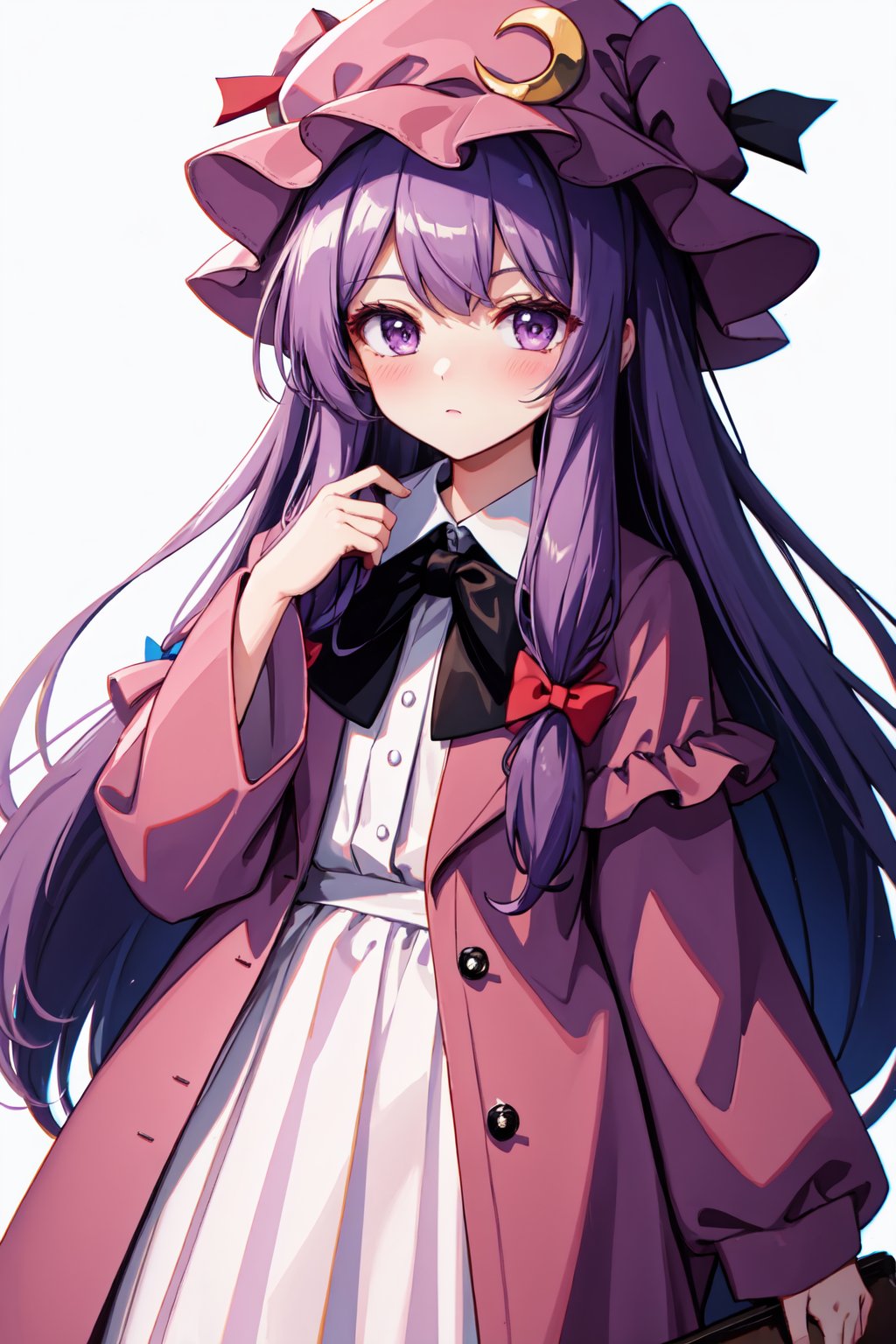 patchouli_knowledge,1girl,mob_cap,looking_at_viewer,hair_bow,red_bow,crescent_hat_ornament,blue_bow,blush,solo,long_sleeves<lora:patchouli_knowledge:1>,simple background,white backgroundmasterpiece,best quality, highly detailed, 