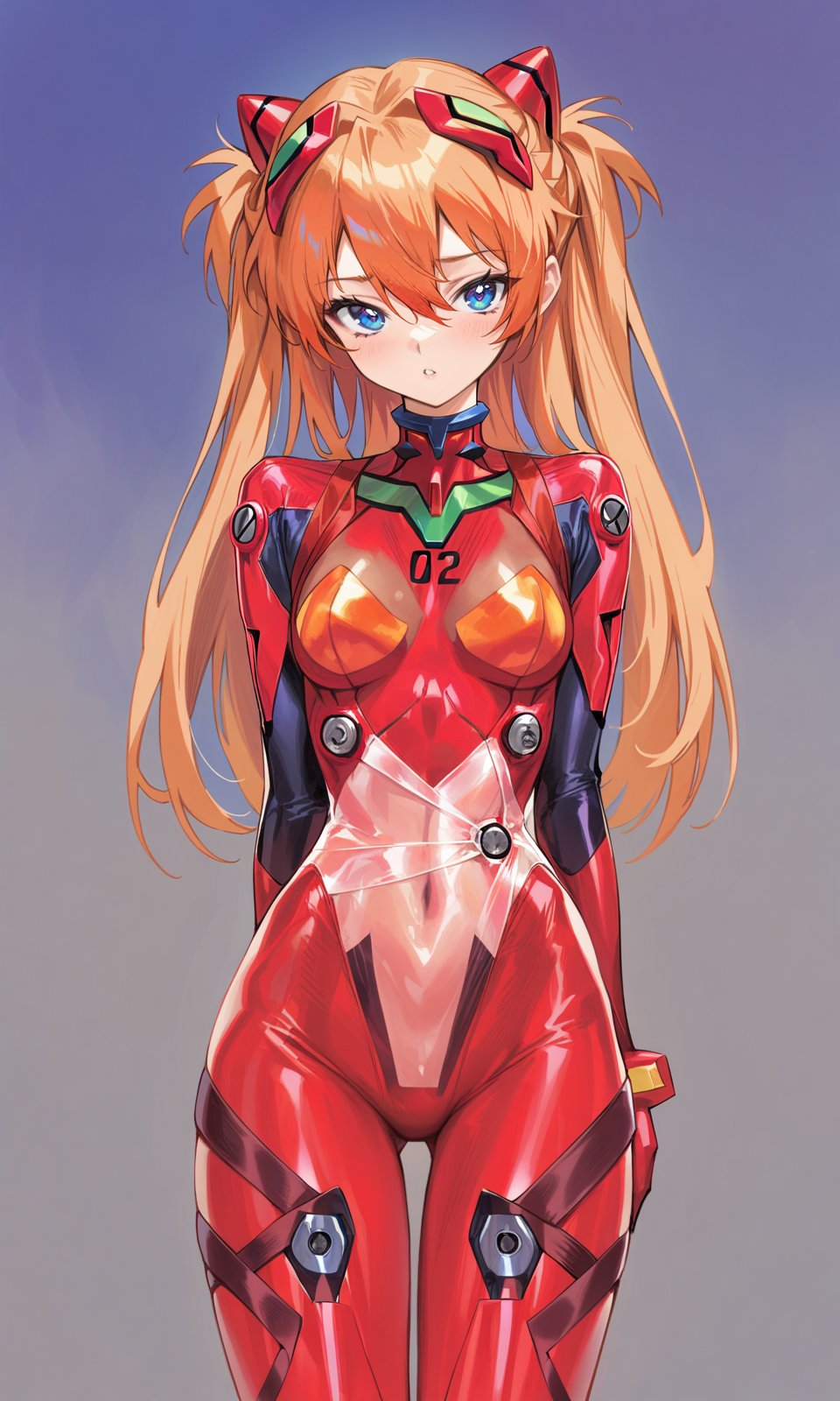 agoto, 1girl, solo, souryuu asuka langley, blue eyes, orange hair, plugsuit, red bodysuit, straight-on, masterpiece, best quality, very aesthetic, absurdres, <lora:Agoto_xl:1><lora:Fixhands_anime_bdsqlsz_V1:1> 