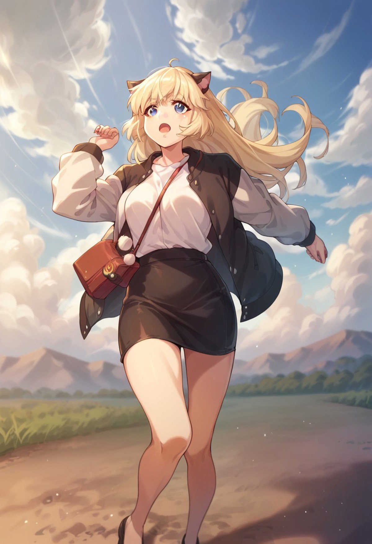 score_9, score_8_up, score_7_up, tsunomaki watame, white shirt, animal ears, black jacket, open jacket, bag, black skirt, cloudy sky, open clothes, open mouth