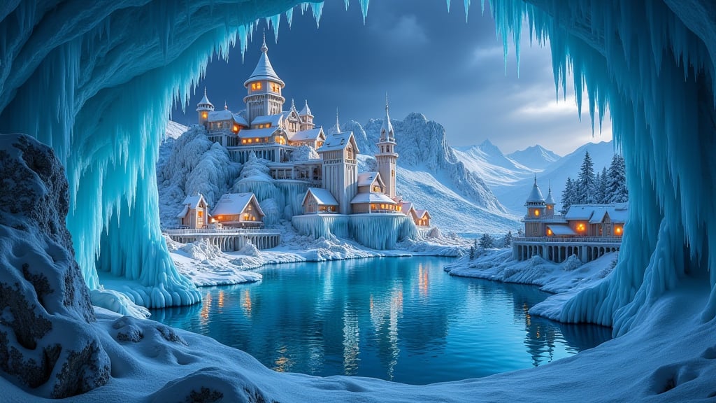 a legendary Ice Village made completely of Ice, Houses, intricate details, masterpiece, best quality, colourful, waterfalls, Lake, Inside Caves, in night, Epic, Painstaking Attention to Details, (Framed 3D, Ice), UHD