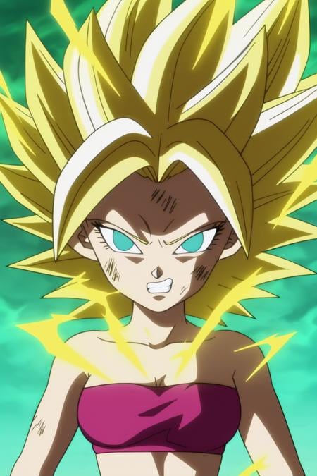 source_anime, score_9, score_8_up, score_7_up, anime screencap,caulifla, blonde hair, spiked hair,  aqua eyes, collarbone, tube top,  looking at viewer, bruise on face, gritted teeth, blue sky, ruined city, destroyed buildings, golden aura, super saiyan, close up, electricity, no pupils <lora:caulifla_pony_v1:0.8>