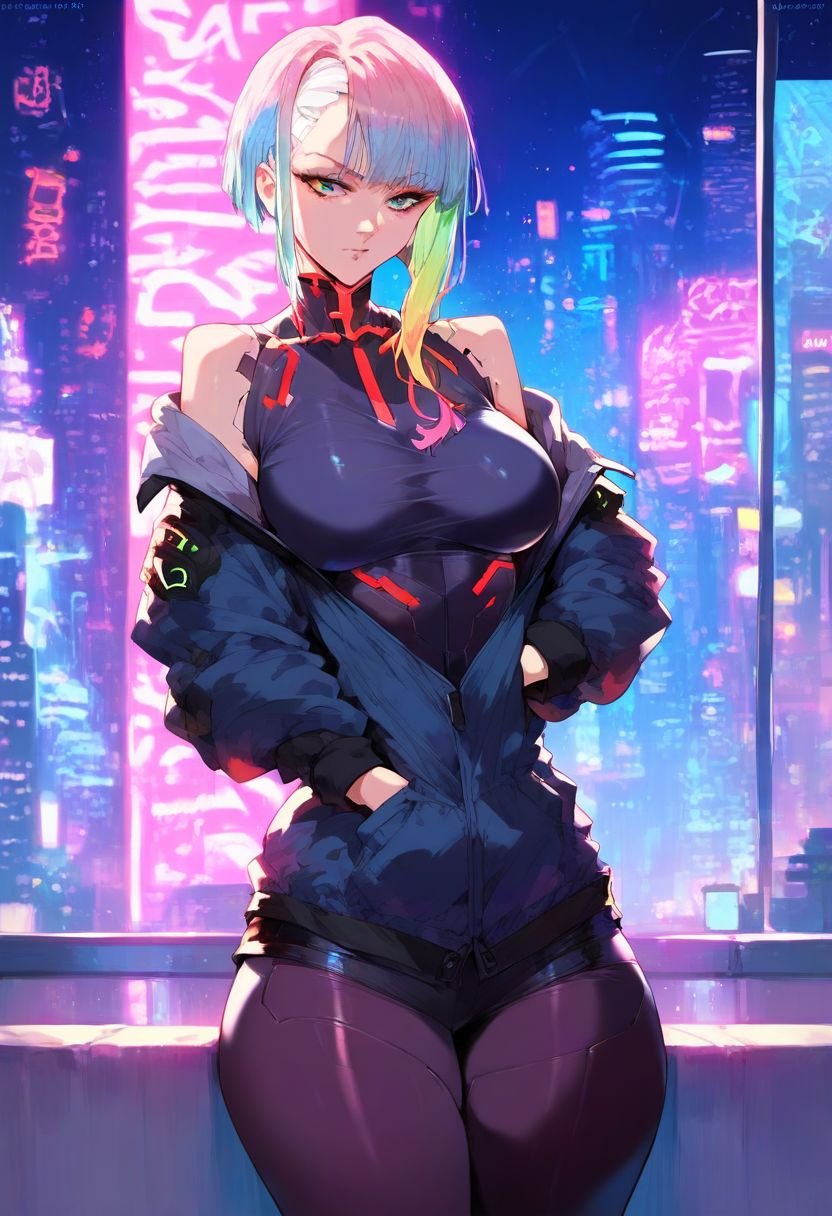 score_9, score_8_up, score_7_up, score_6_up, score_5_up, rating_questionable, mixed_artstyle, 1girl, solo, lucy \(Cyberpunk\), multicolored eyes, multicolored hair, neon, cyberpunk, nice clothes