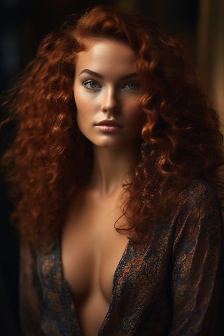 Sultry gaze meets the camera's lens as the woman with luscious spiral curls and auburn locks, scattered freckles (0.6), gazes directly into the frame. Her long hair cascades down her back like a fiery waterfall. The low-cut blouse showcases her décolletage, while the flowing skirt wraps around her legs like a gentle stream. Situated in a dimly lit room, the chair's wooden grain is subtly visible beneath her. Her smile radiates warmth and invitation, as perfect eyes sparkle with intrigue. In this intense close-up, her head and chest dominate the frame, blouse open to reveal the curves of her décolletage. The camera captures every detail, from the soft folds of her hair to the delicate freckles on her skin, in a High Dynamic Range (HDR) image that bursts with vivid color and rich texture.<lora:EMS-335737-EMS:0.800000>