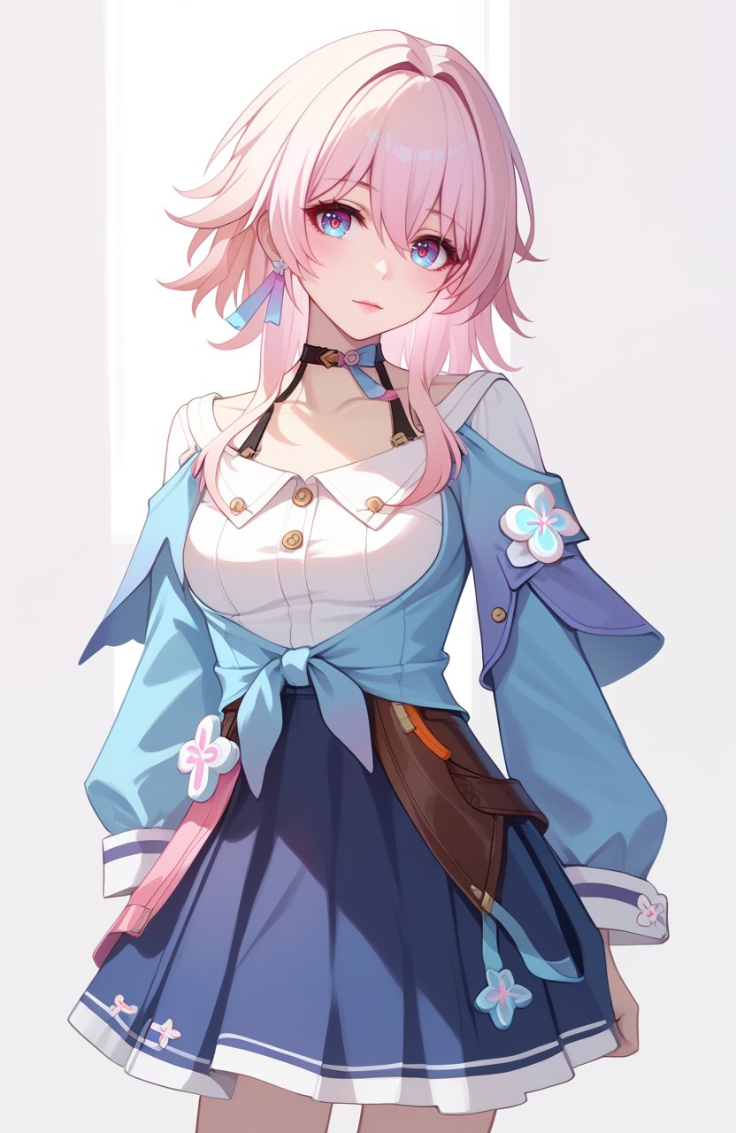 <lora:三月七4pony:1.0>,march 7th (honkai: star rail),a girl named march 7th (honkai: star rail),1girl,solo,looking at viewer,long sleeves,white shirt,black choker,blue jacket,tied jacket,single earring,flower ornament,blue skirt,black corset,collarbone,detailed eyes,multicolored eyes,, (score_9,score_8_up,score_7_up),(masterpiece,best quality,high quality:1.2),absurdres, 4k, uncensored, prefect lighting, rating_explicit, very aesthetic, anime BREAK