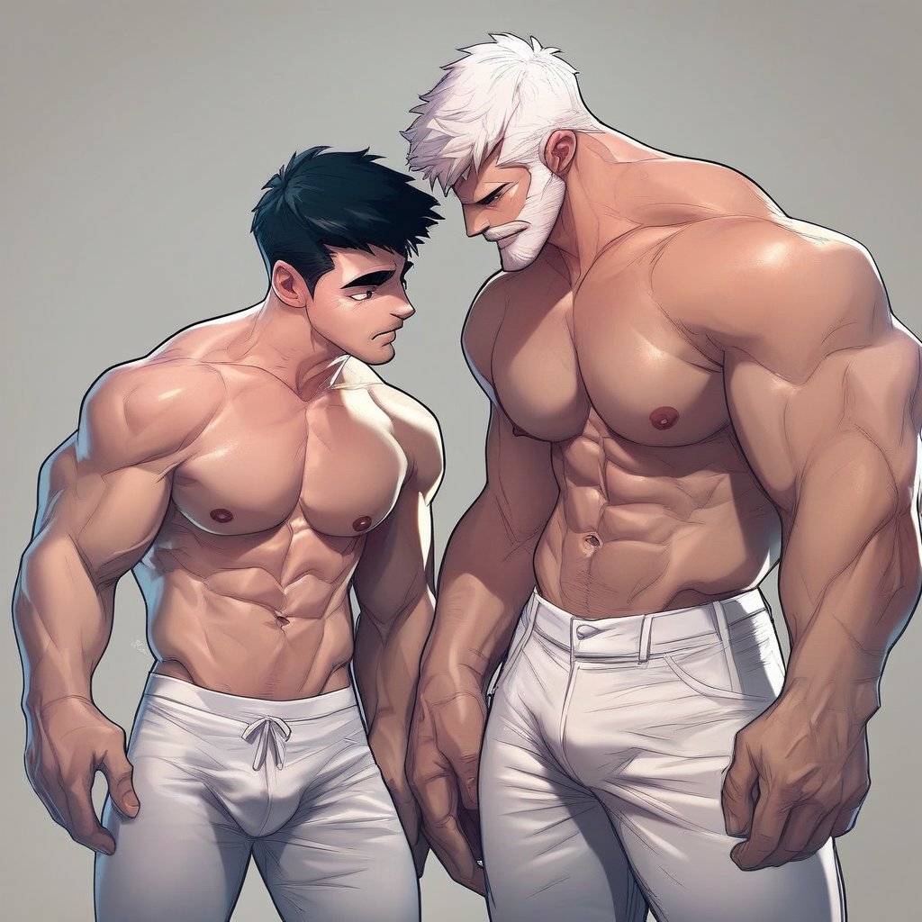 score_9, score_8_up, score_7_up, score_6_up, score_5_up, score_4_up, muscular, abs, bara, multiple boys, large pectorals, 2boys, pectorals, topless male, nipples, pants, white hair, yaoi, navel, short hair, white male underwear, beard, bulge, looking at another, thick thighs, age difference, black hair, eye contact, biceps, couple <lora:Silverjow-Pony-XL-v6:1>