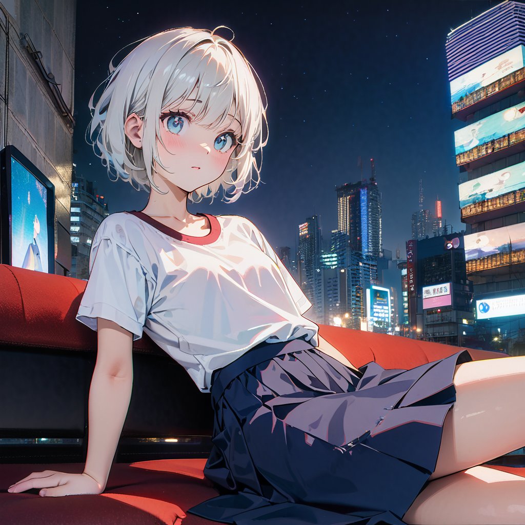 (8K, Original Photo, Masterpiece: 1.3), (Actual, photo-Actual: 1.37), (Night), (Watching Audience: 1.331), (White Hair), Posing, Tokyo Street, Night cityscape, Cyberpunk City, Soft Light, 1 Girl, Extremely Beautiful Face, Broken, Put Down, Random hair Style, Random Expression, Big Eyes, lower abdomen, (short sleeve. jiekang_shirt), jiekang_style, (dark blue jiekang_skirt), (bow jiekang_tie), mixed 4., best quality